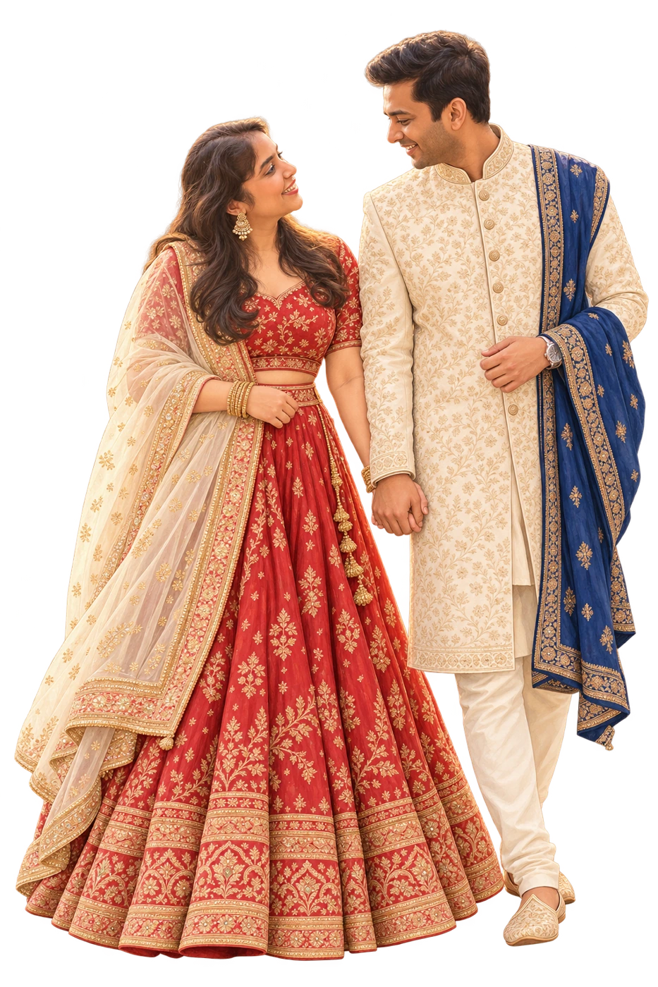 Illustrated Daksha and Anand standing hand in hand in traditional wedding attire